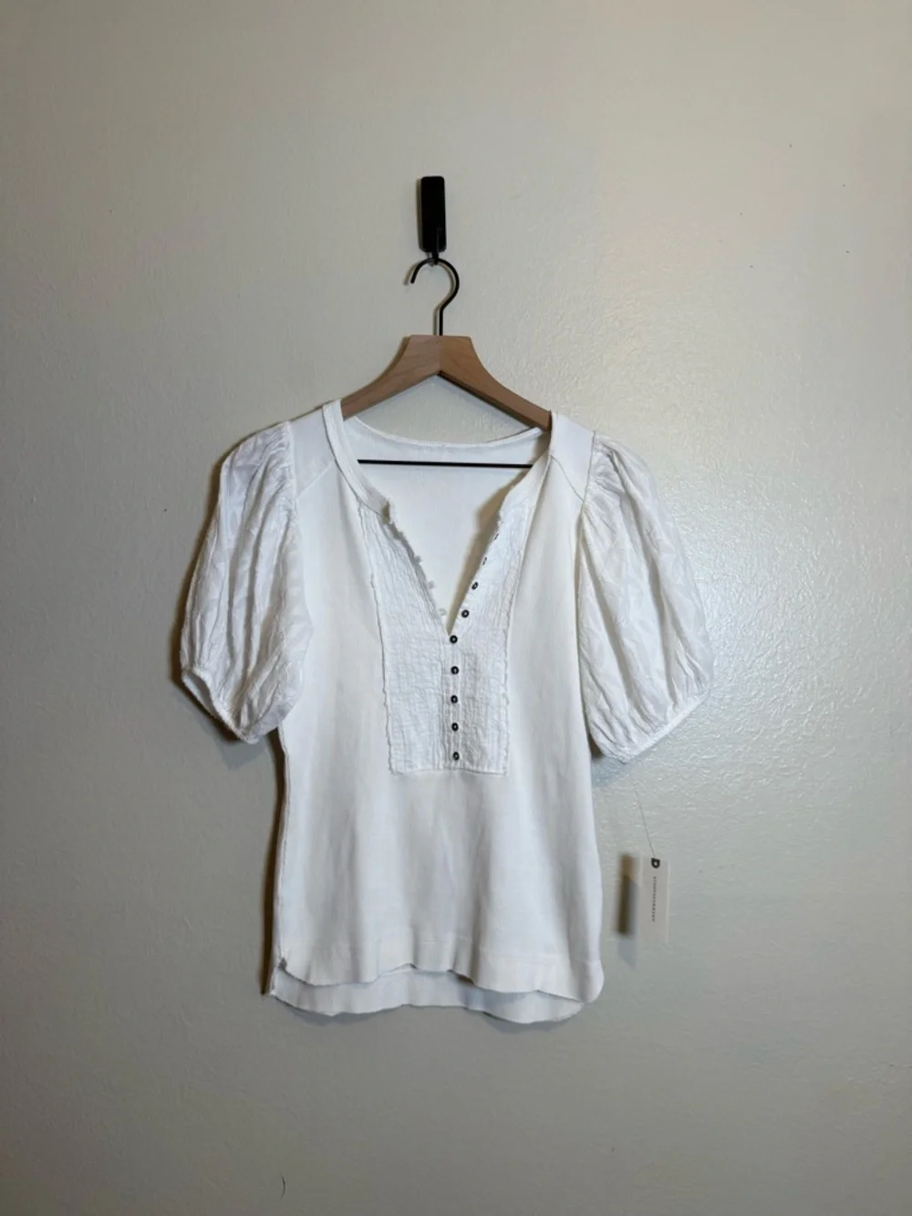 Anthropologie Ivory Textured Puff-Sleeve Button Henley Blouse